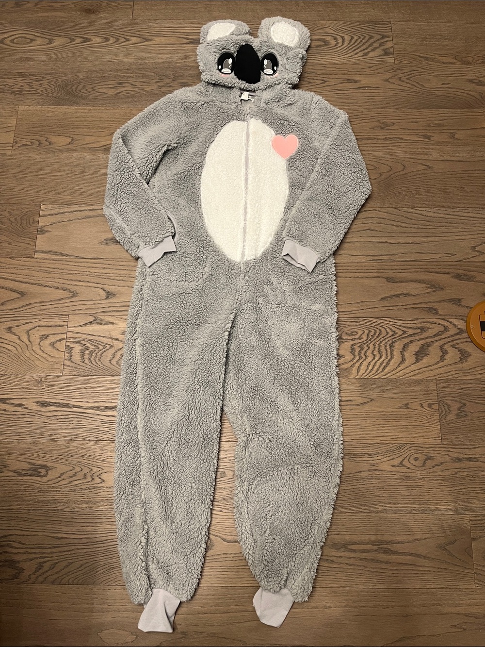 Plush Grey Koala Hooded Onesie Jumpsuit with Heart Detail